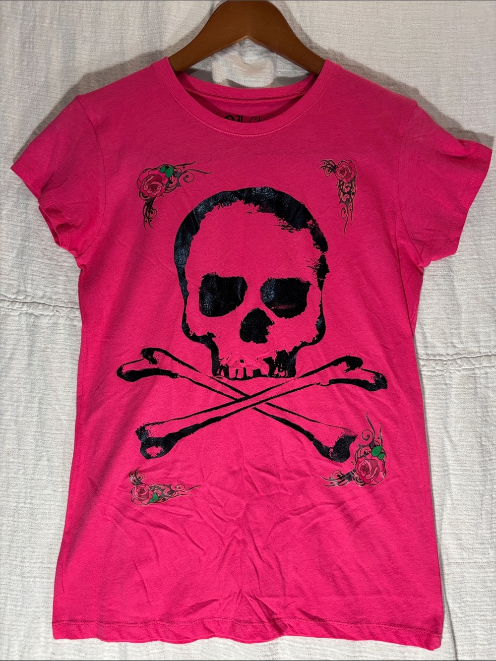 L.O.L. Vintage Hot Pink Skull & Crossbones Tee with Rose Accents